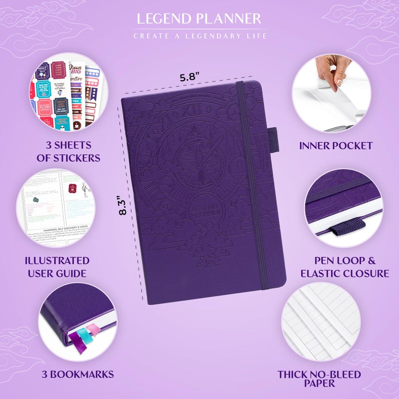 Legend Planner Hourly Schedule Edition â€“ Deluxe Weekly & Daily Organizer with Time Slots. Time Management Appointment Book Journal for Work & Personal Life, Undated, A5 Hardcover â€“ Purple, Debossed - Image 2